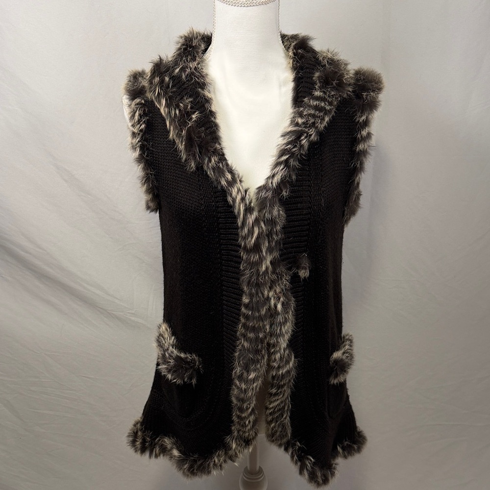 Women's Black Faux Fur Trim Sweater Vest Size XL